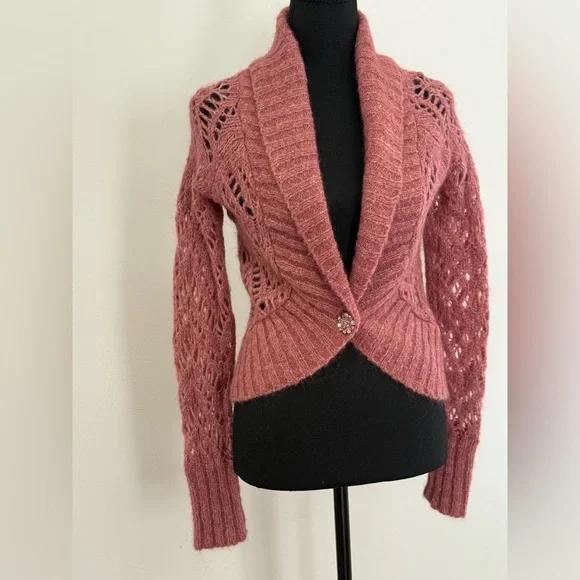 Ann Taylor Loft XS Elegant Wool Blend Knit Pink Cardigan Jewel Accent 875 - Picture 2 of 9